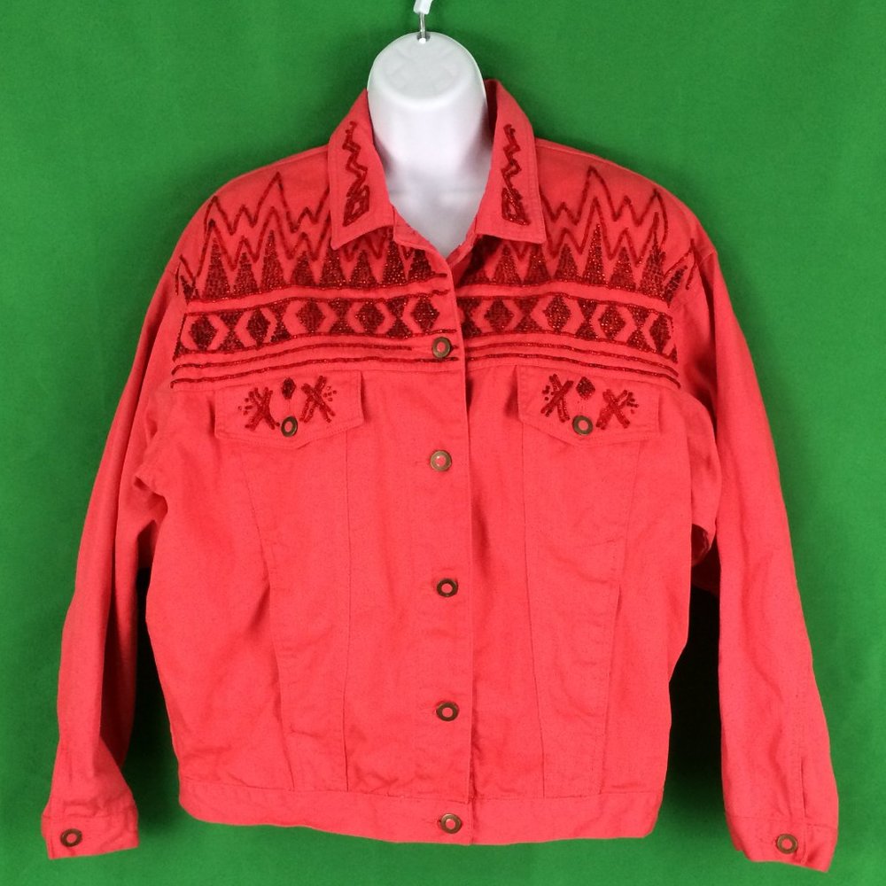Carole Little Sport Coral Pink Beaded Denim Jacketโ